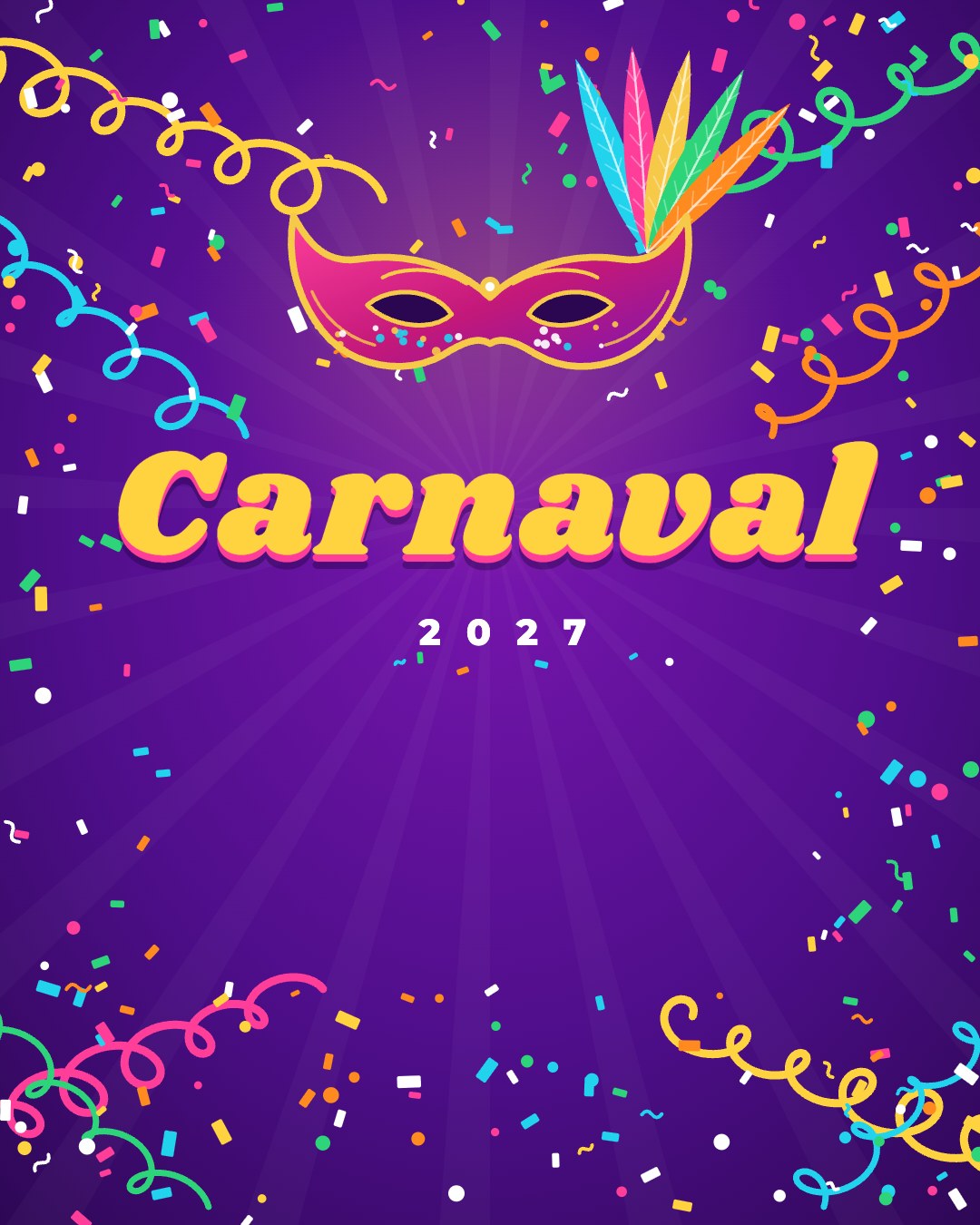 Carnaval 2027 – máscara e confete